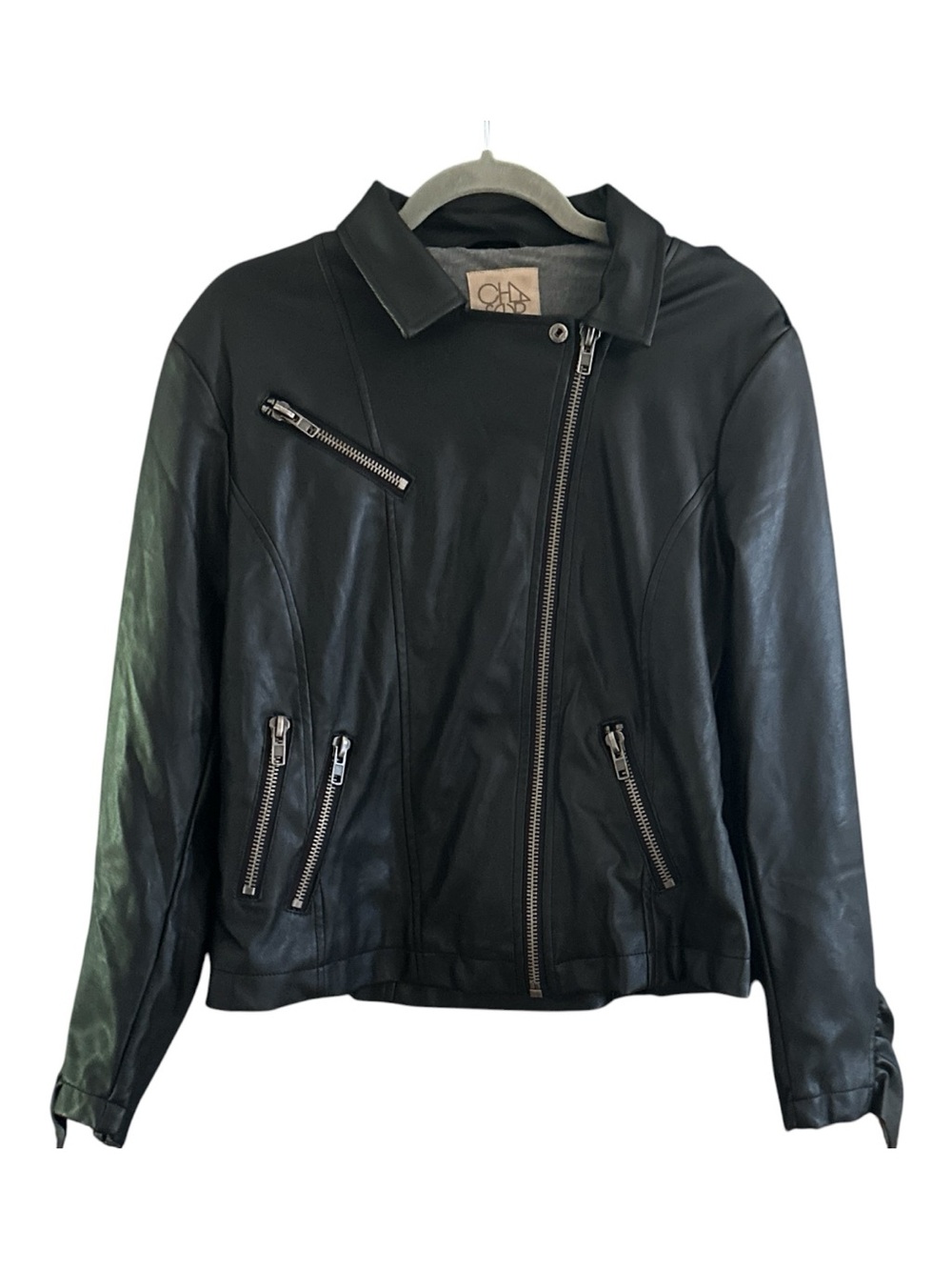 Chaser Black Faux Leather Moto Jacket NWOT Women’s M Ruffle Trim